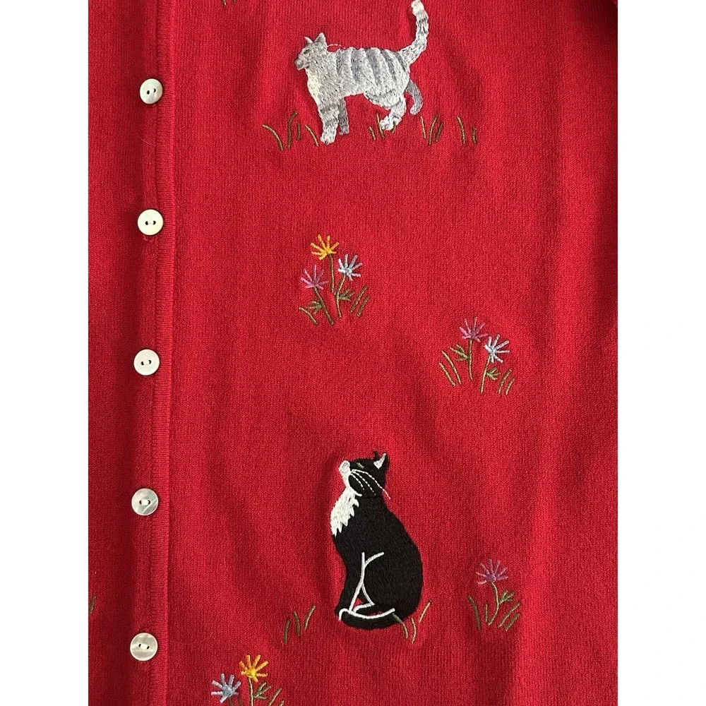 Vintage Northern Isles‎ Cardigan Sweater Red Embroidered Cats Whimsy Large